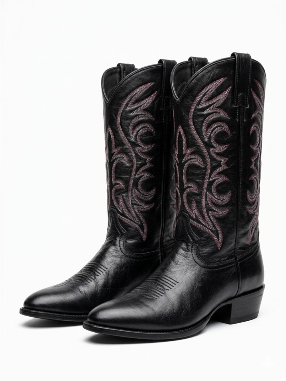 Bronco Western Cowboy Boots Red Stitching Leather Black Mens 10 D